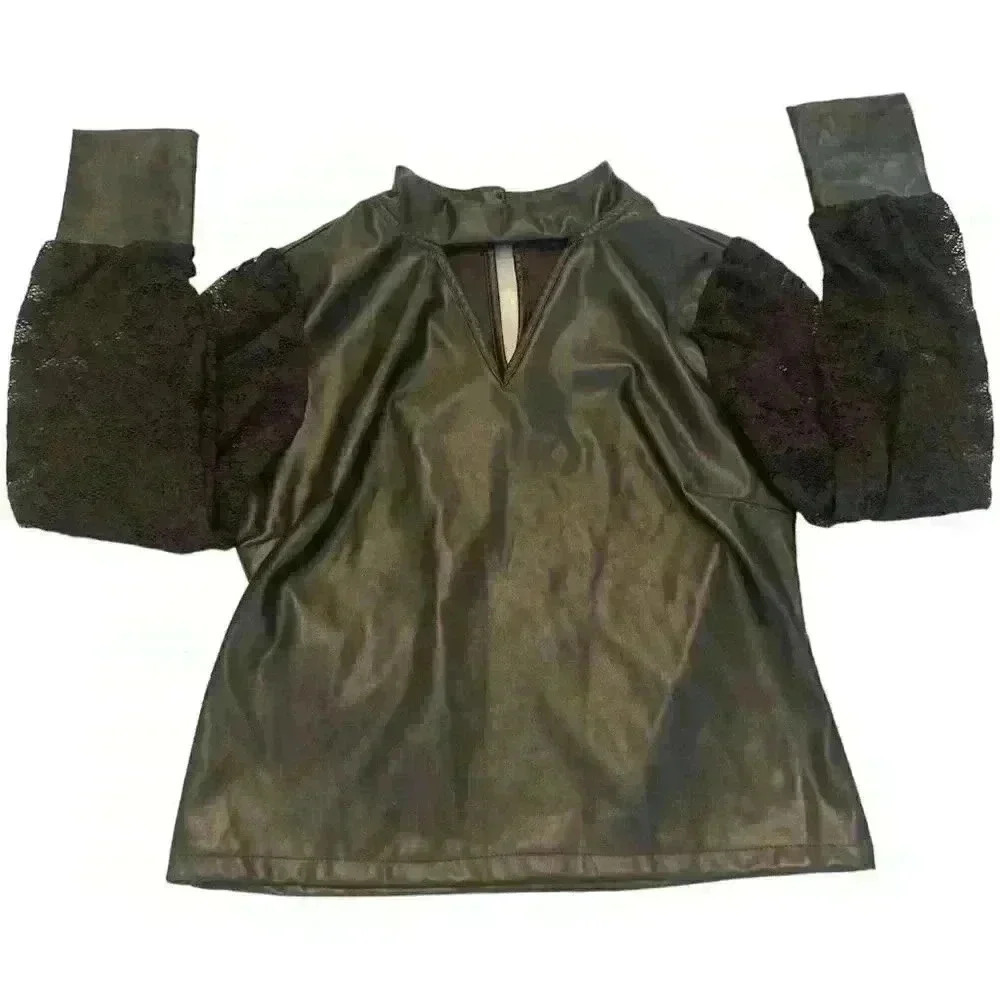 Faux Leather top with  Lace Sleeves Gorgeous Size Med
